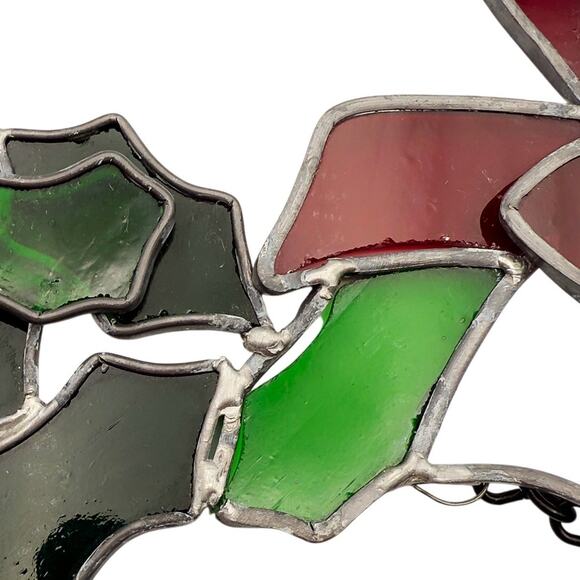Handmade Vintage 12" Stained Glass Christmas Holiday Wreath Green/Red Decor - Picture 5 of 9